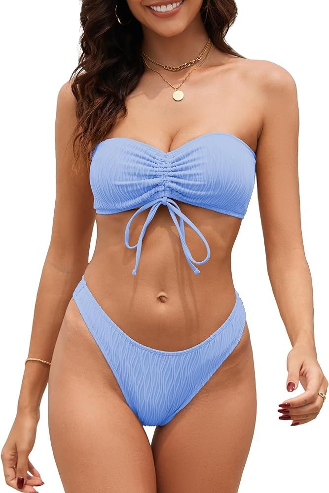 ZAFUL Women Strapless Drawstring Bandeau Bikini Wave 2 Piece Swimwear Cheeky Solid Lace up Bathin... | Amazon (US)
