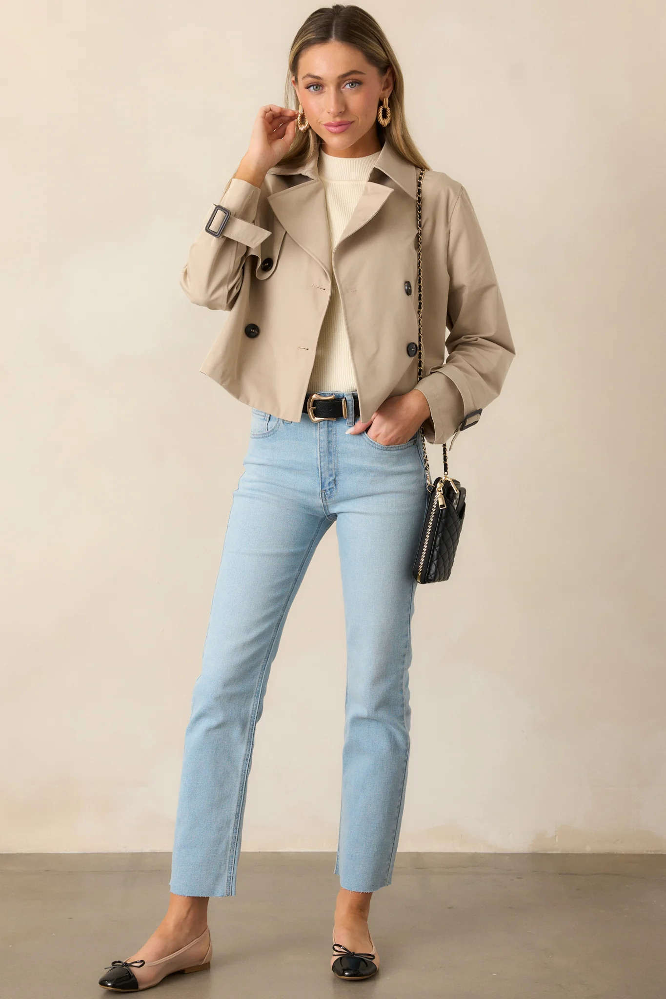 City Strolls Khaki Cropped Trench Coat | Red Dress