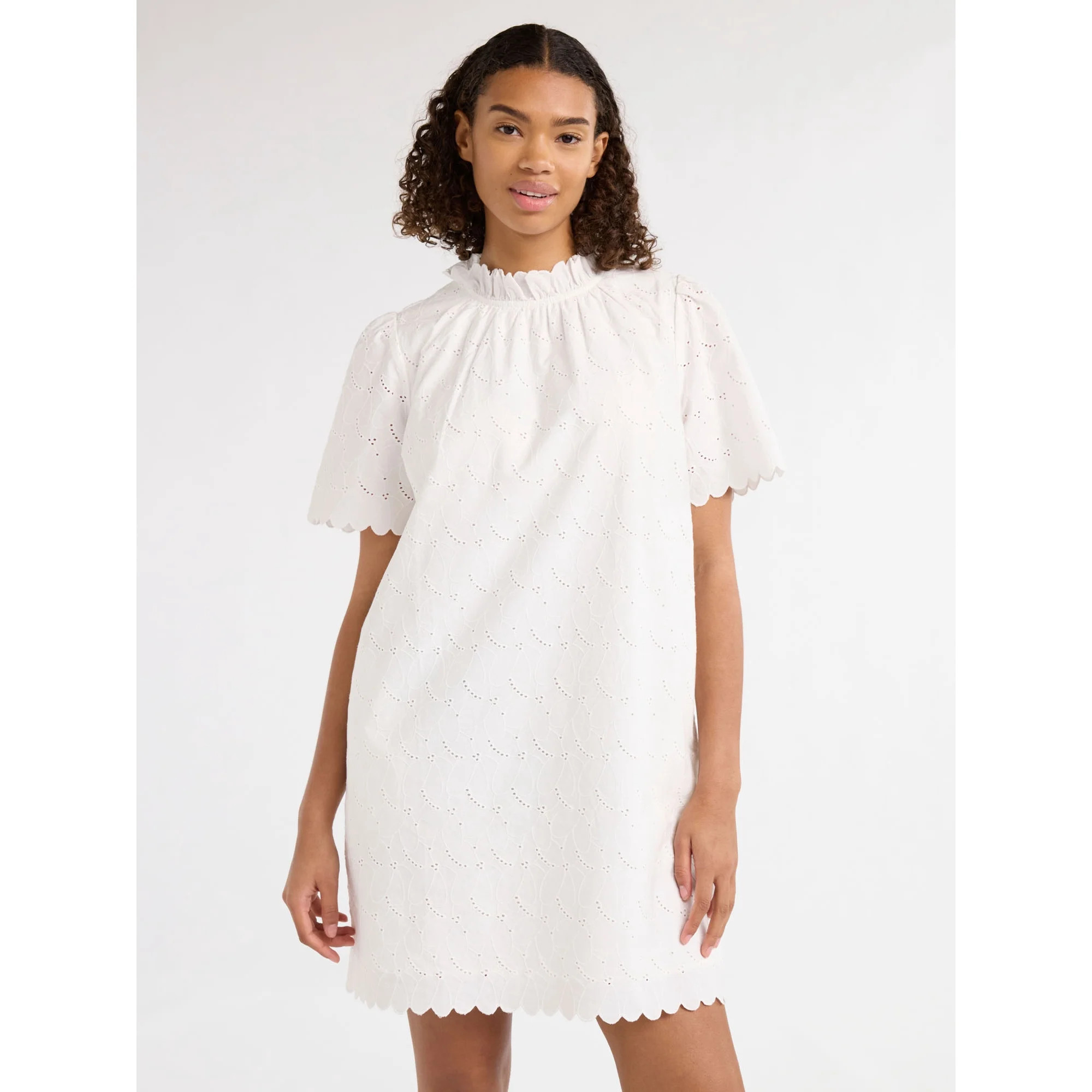 Free Assembly Women’s and Women's Plus Ruffle Neck Cotton Eyelet Mini Dress with Short Sleeves,... | Walmart (US)