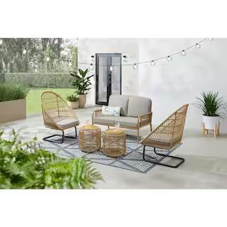 Sierra Creek Tan 5-Piece Wicker Outdoor Patio Conversation Deep Seating Set with CushionGuard Sto... | The Home Depot
