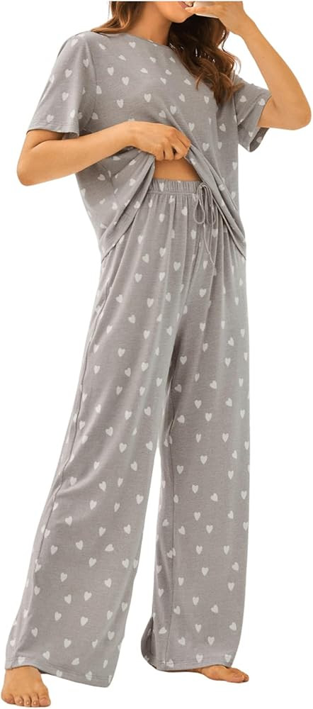 Women's Pajama Sets 2 Piece Heart Print Loungewear Short Sleeve Tees Shirts Tie Front Pants Sleep... | Amazon (US)