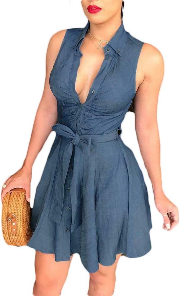 Fepege Women's Summer Sleeveless V-Neck Button-Down Dress Self Tie Waist Short Mini Dresses for B... | Amazon (US)
