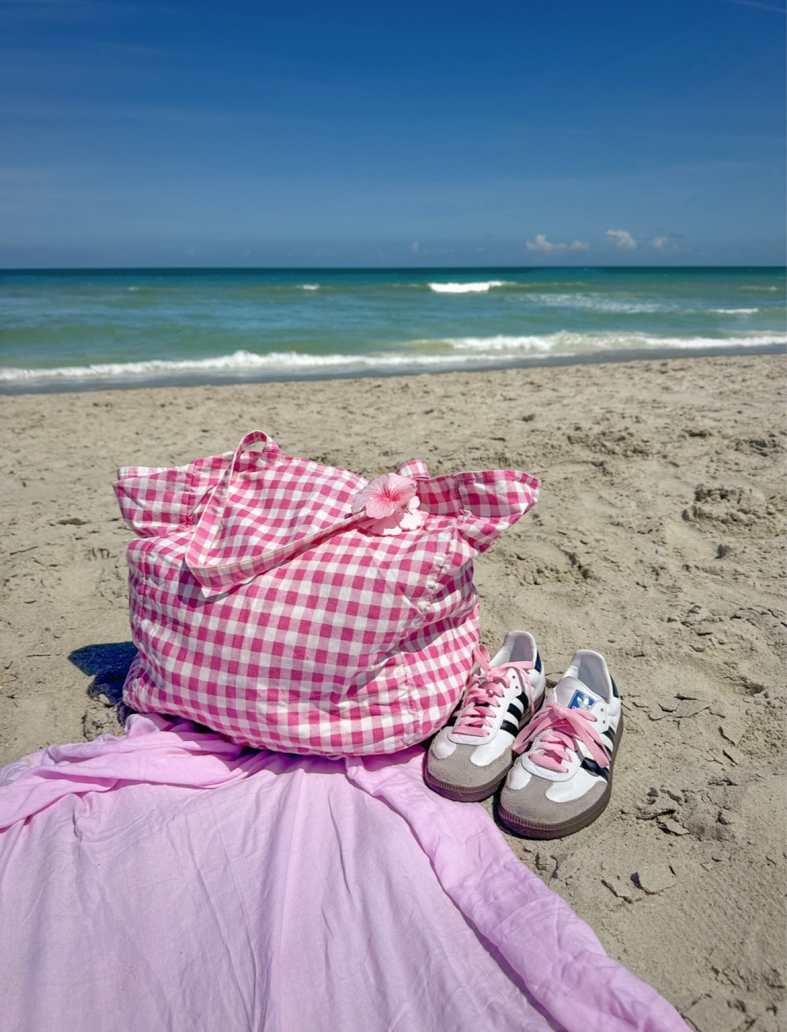Beach day
Beach vacation 
Beach bag
Beach tote
Pink gingham tote bag
Adidas samba OG white 
Adidas Samba pink
Pink shoe laces 
Pink aesthetic 
Pink beach aesthetic 
Pink sarong 
Summer outfit
Summer bag 


#LTKItBag #LTKShoeCrush #LTKSwim