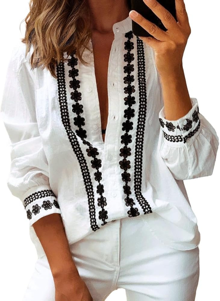 Theenkoln Womens Work Button Blouses: Long Sleeve V Neck Lace Casual Button Down Fall Trendy Shir... | Amazon (US)