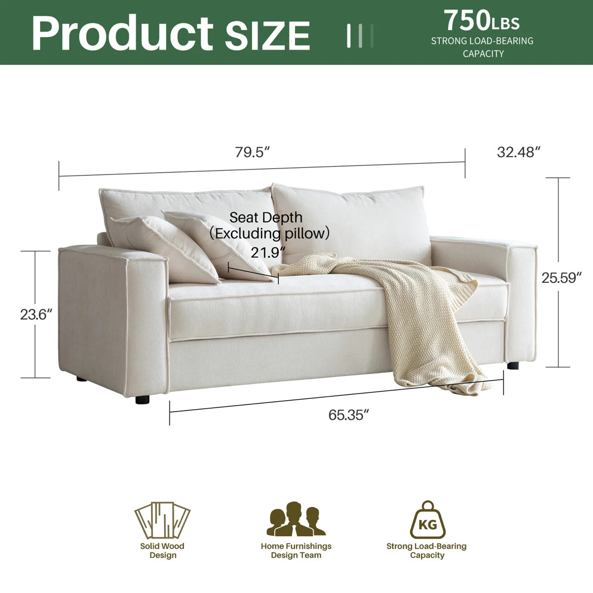 Traditional Upholstered Standard Sofa with Square Armrests and 2 Throw Pillows | Wayfair North America