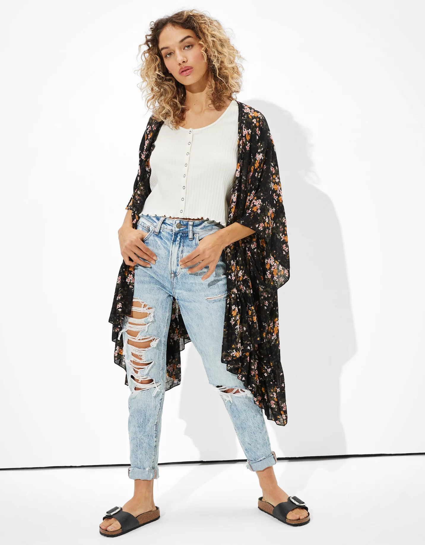 AE Floral Ruffled Midi Kimono | American Eagle Outfitters (US & CA)