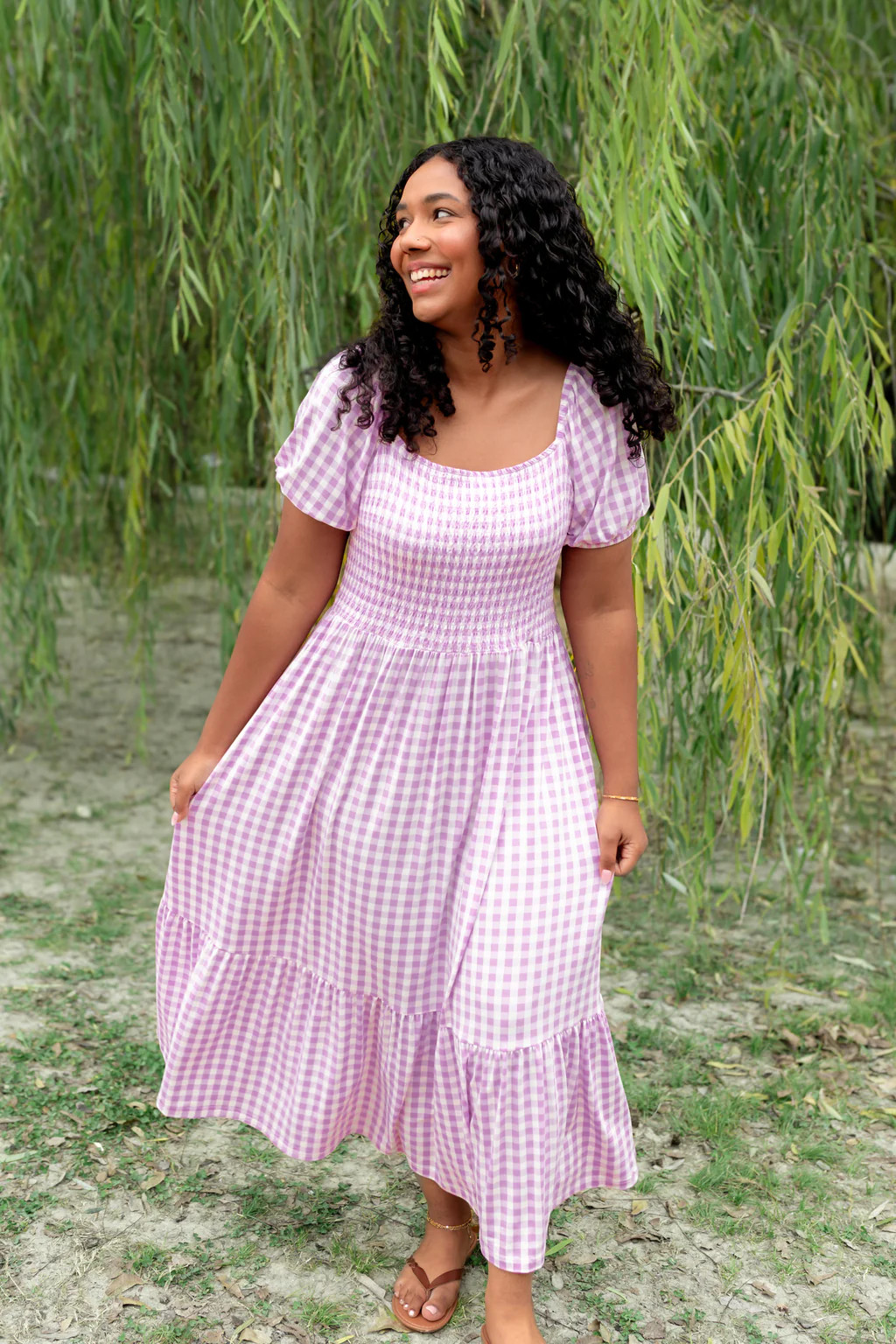 Women’s Smocked Dress in Gingham Thistle | Kyte Baby