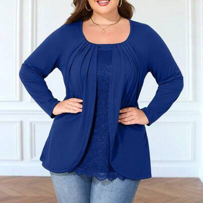 Plus Size Lace Patchwork Round Neck Long Sleeve Casual Top | SHEIN