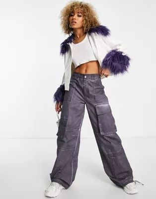 Jayley short vinyl look faux fur trim jacket in deep violet | ASOS (Global)