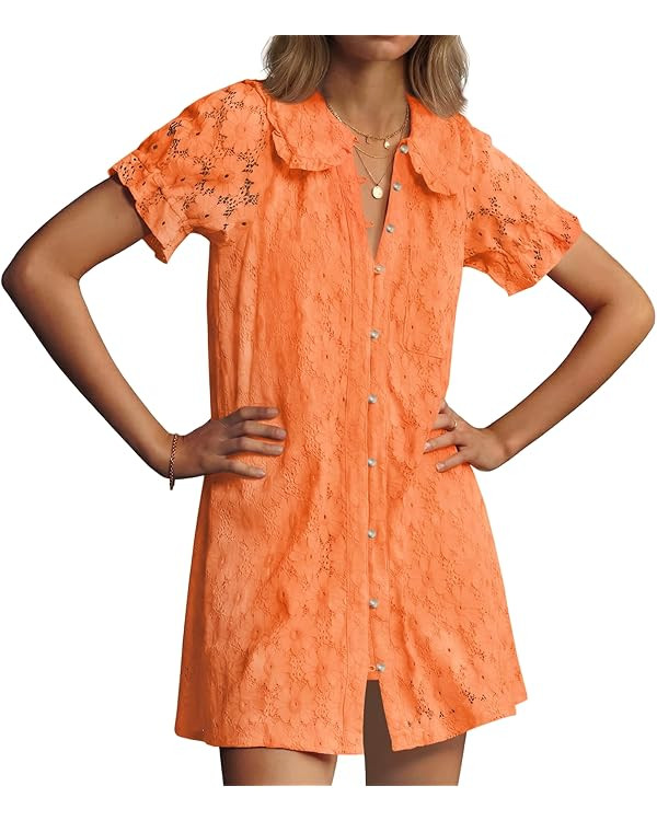Wenrine Womens Summer Lace Mini Dress Casual Short Sleeve Peter Pan Collar Button Down Beach Vaca... | Amazon (US)