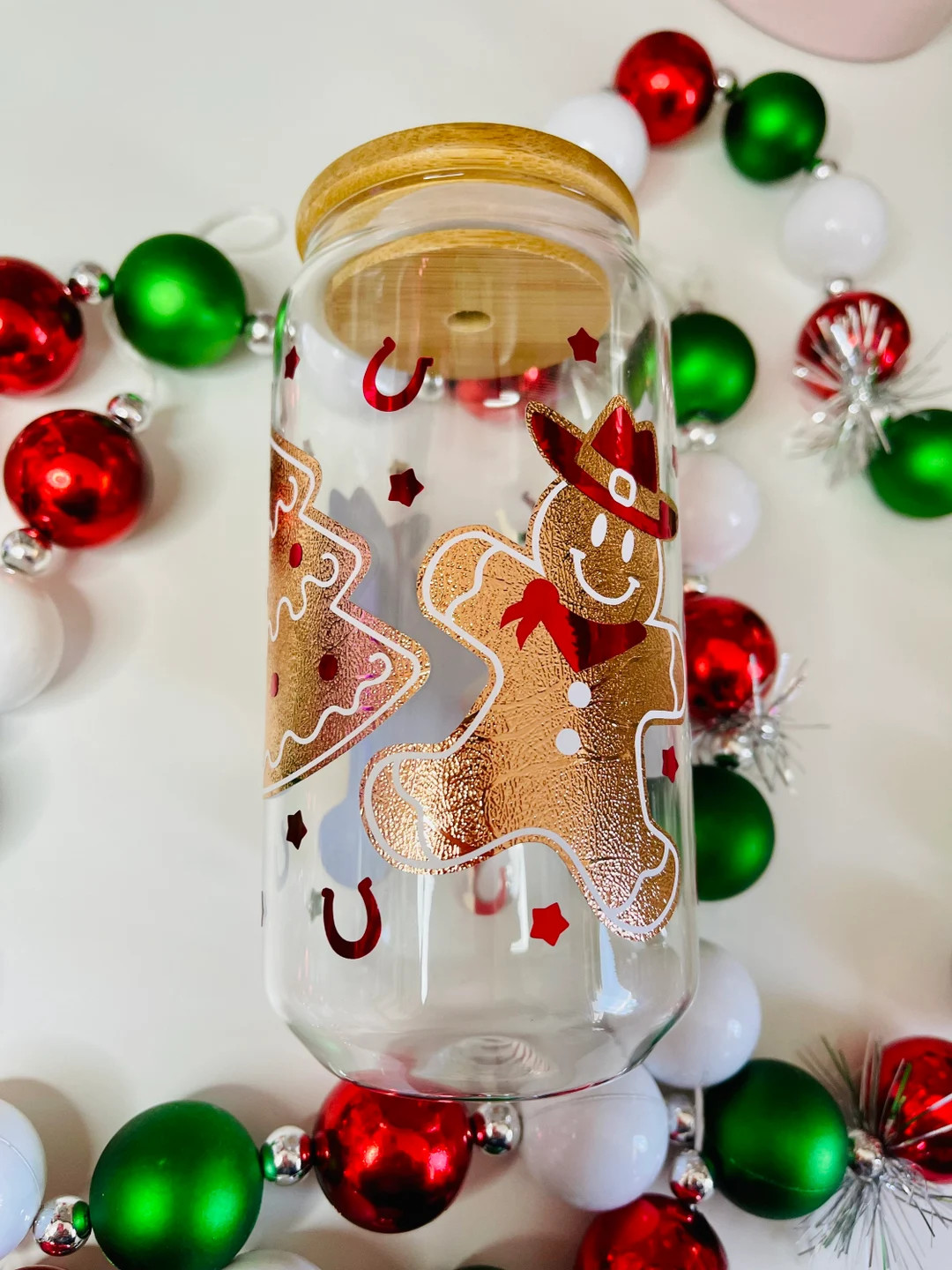 Cowboy Gingerbread Christmas Tree Glass Can Cup With Lid and Glass Straw Simple, Aesthetic, Beer ... | Etsy (US)