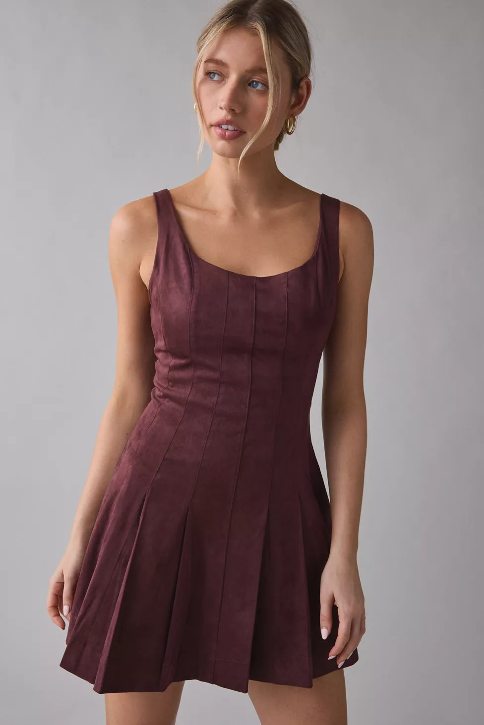 En Saison Delphine Faux Suede Pleated Fit-And-Flare Mini Dress | Urban Outfitters (US and RoW)