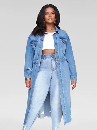 Kenna Maxi Length Trucker Jacket - Fashion To Figure | Fashion to Figure