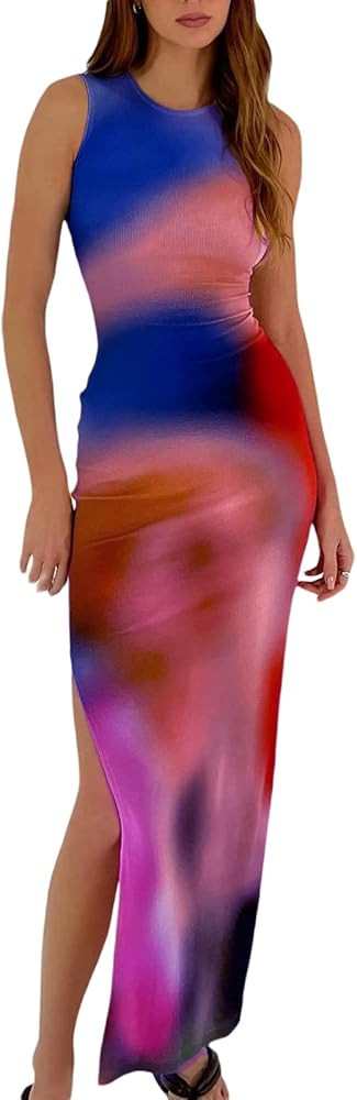 Women's Casual Tie-Dye Bodycon Maxi Dress Sleeveless Tank Wrap Split Beach Party Long Dresses | Amazon (US)