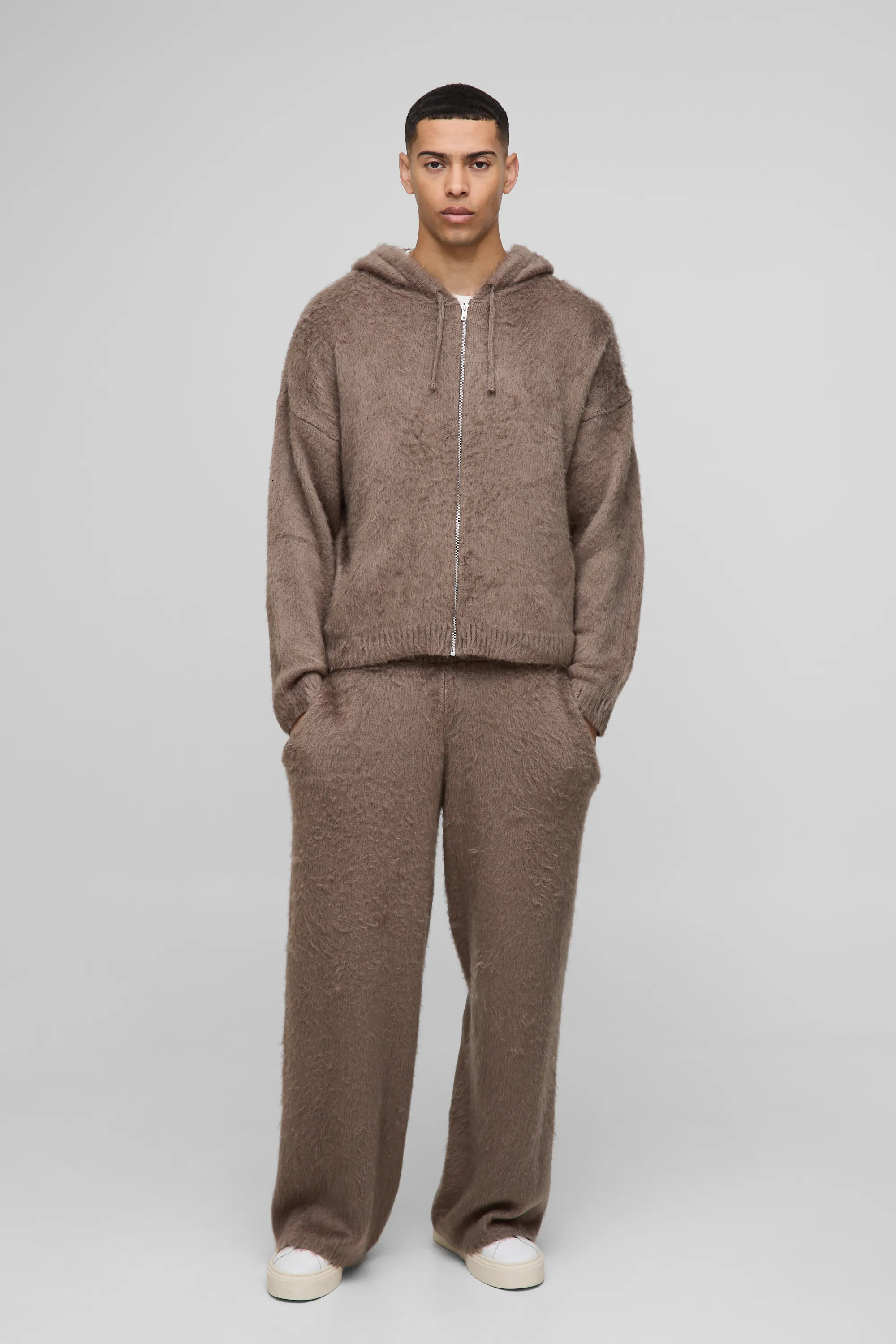 Tracksuits | Oversized Boxy Fluffy Zip Through Knitted Hooded Tracksuit | boohooMAN | boohooMAN (DE, IE & UK)