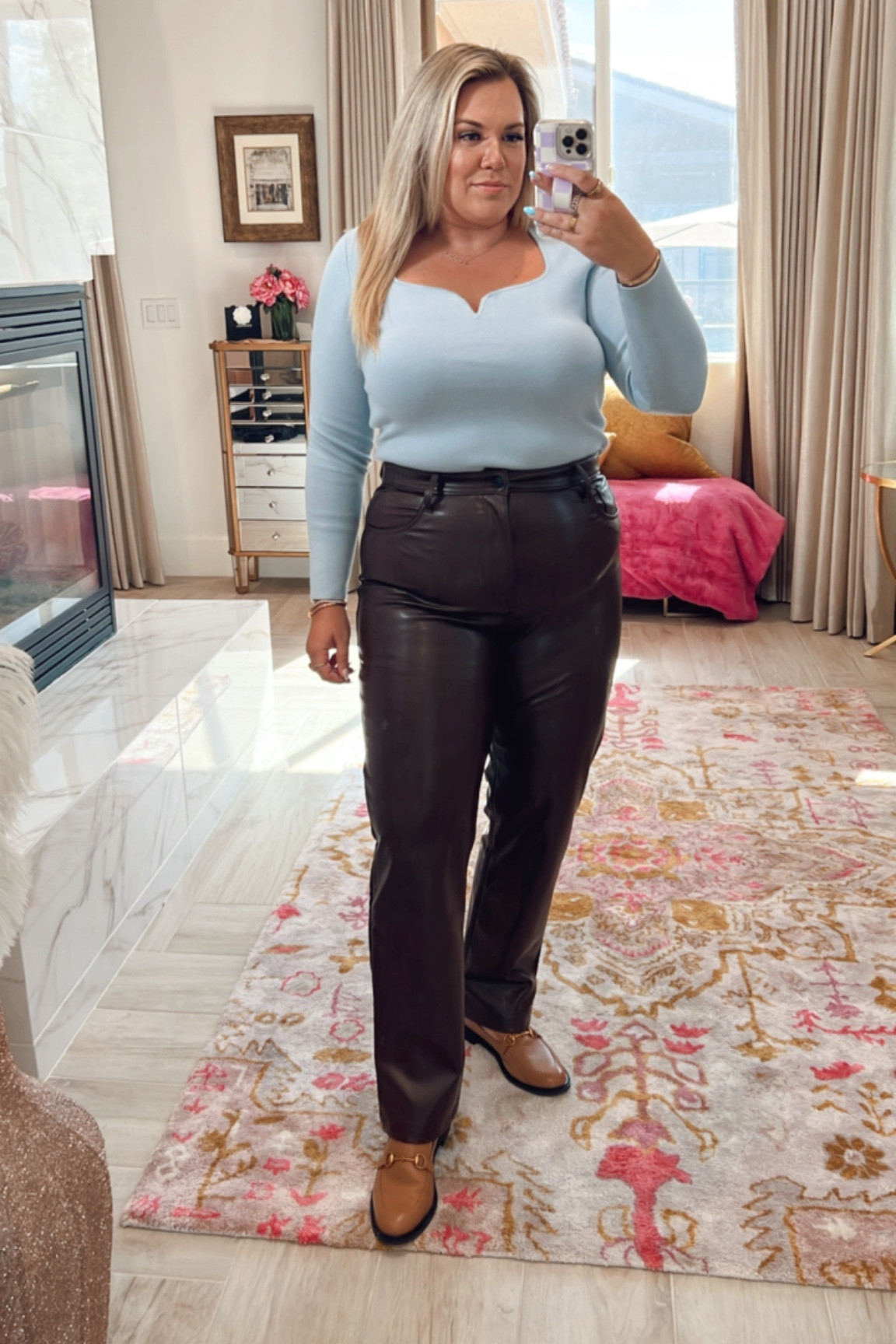 curvy fall outfit! wearing size xl in light blue sweater top and size 32 in brown faux leather pants 

#LTKunder100 #LTKSeasonal #LTKcurves