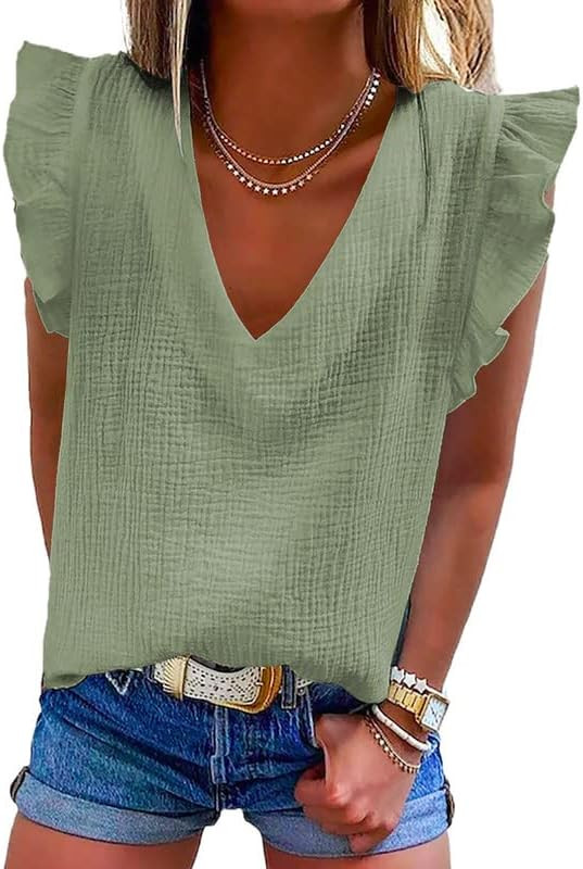 Dokotoo Womens 2023 Cute V Neck Ruffle Sleeveless Shirts Elegant Tank Tops Blouses | Amazon (US)