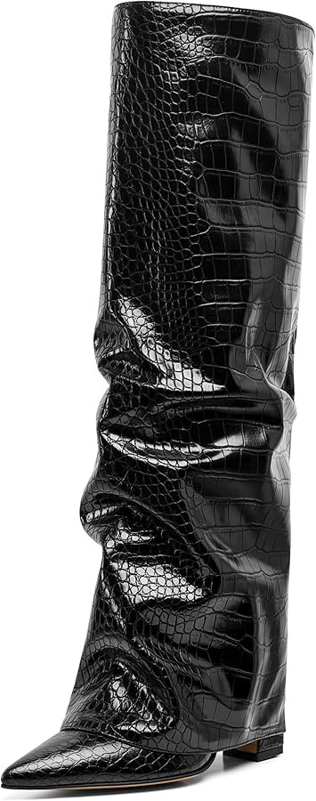 SaraIris Women's Slouchy Knee High Boots - Black, Pointed Toe, Fold Over, Chunky, Shark Boots | Amazon (US)