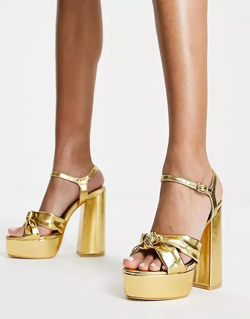 Public Desire Kiss platform heeled sandals in gold | ASOS (Global)