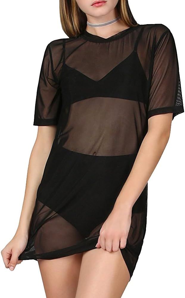 WuLun® Women's Sexy Beach Cover Ups Short Sleeve See Through Gauze Sheer Mesh T-Shirt Dress | Amazon (US)