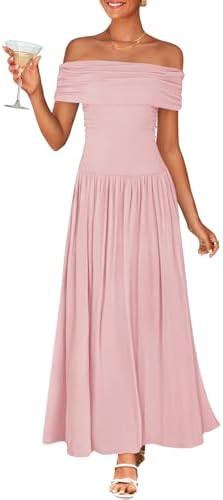 ZESICA Women's Off The Shoulder Maxi Dress 2026 Summer Sleeveless Casual Slim Swing Pleated Forma... | Amazon (US)