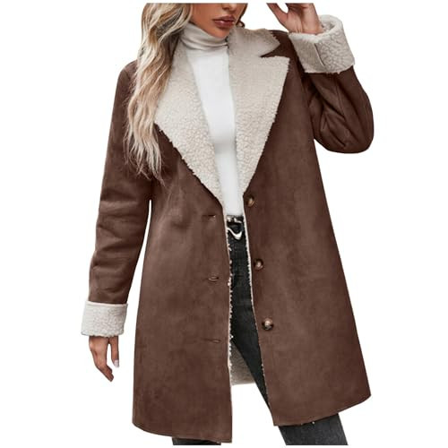 YMADREIG Womens Coats Winter Faux Suede Leather Jackets Fleece Sherpa Lined Trench Coat Notch Lapel Mid Length Outerwear Womens Winter Jackets | Amazon (US)