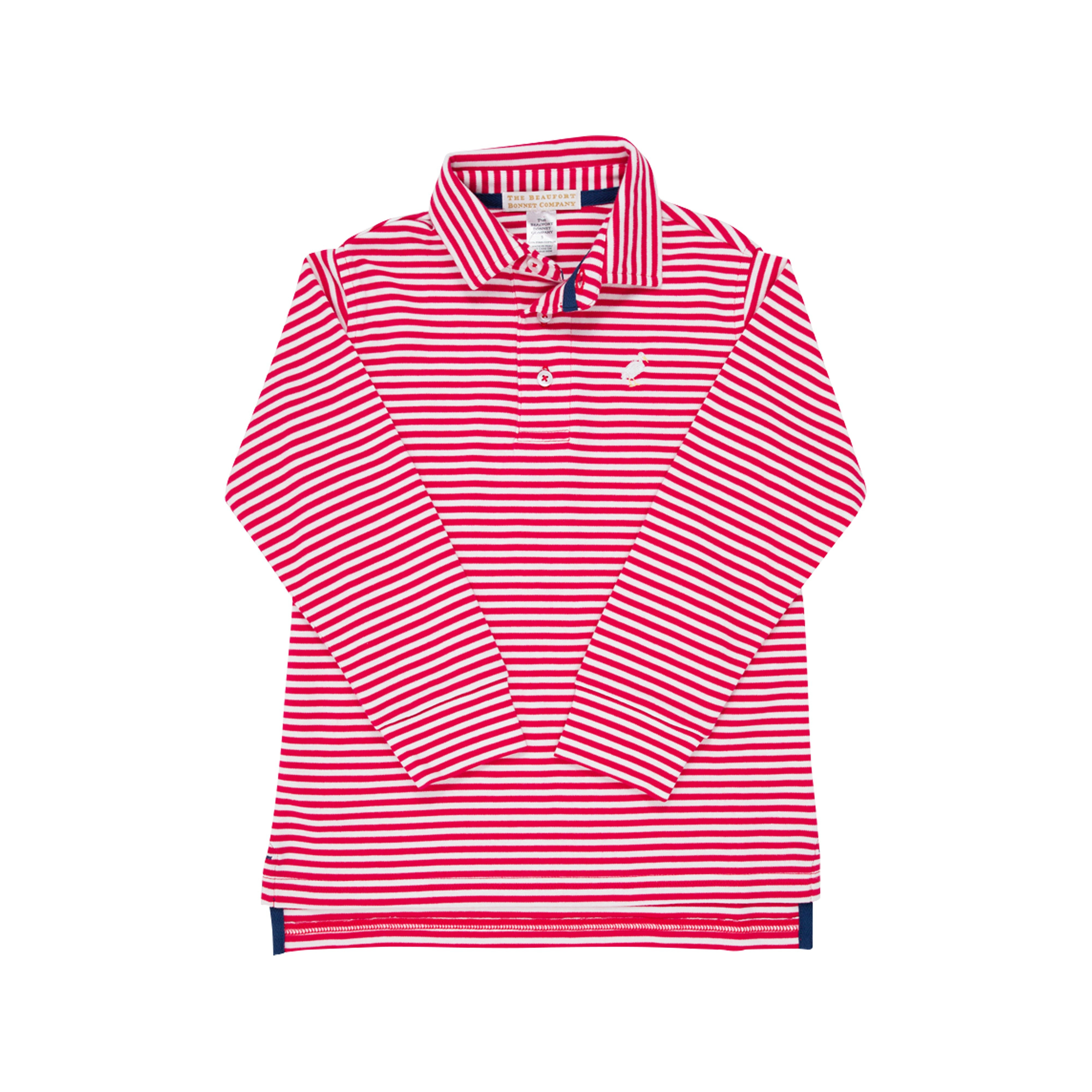 Long Sleeve Prim & Proper Polo & Onesie - Richmond Red Stripe with Multicolor Stork | The Beaufort Bonnet Company