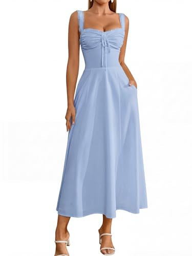 KUTUMAI Floral Corset Midi Dresses for Women 2026 Lace Up Flowy Summer Wedding Guest Dress with Pockets Blue M | Amazon (US)
