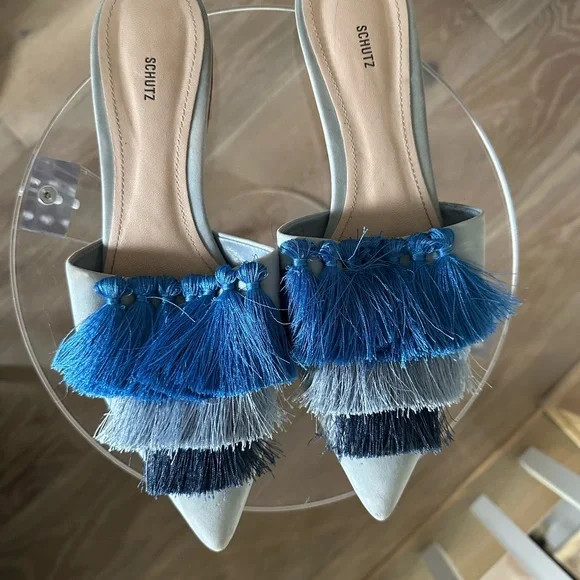 SCHUTZ Blue Tassel Mules | Poshmark