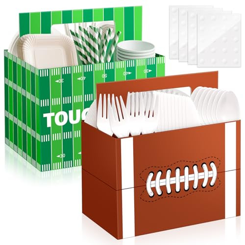 2PCS Football Utensil Holder Disposable Utensil Caddy for Football Party Supplies Green Brown Cutlery Holder with Handles for Birthday Party Decor Cutlery Caddy for Cups Spoons Forks Napkins Plates | Amazon (US)