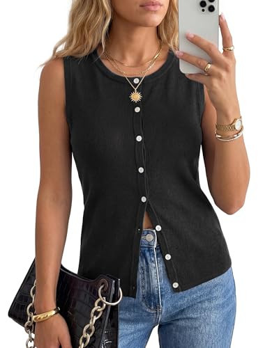 Arach&Cloz Women's Vest Tops 2026 Summer Sleeveless Sweater Knit Tank Tops Spring Wool Blend Crew Neck Button Down Trendy Work Business Casual Outfits Black M | Amazon (US)