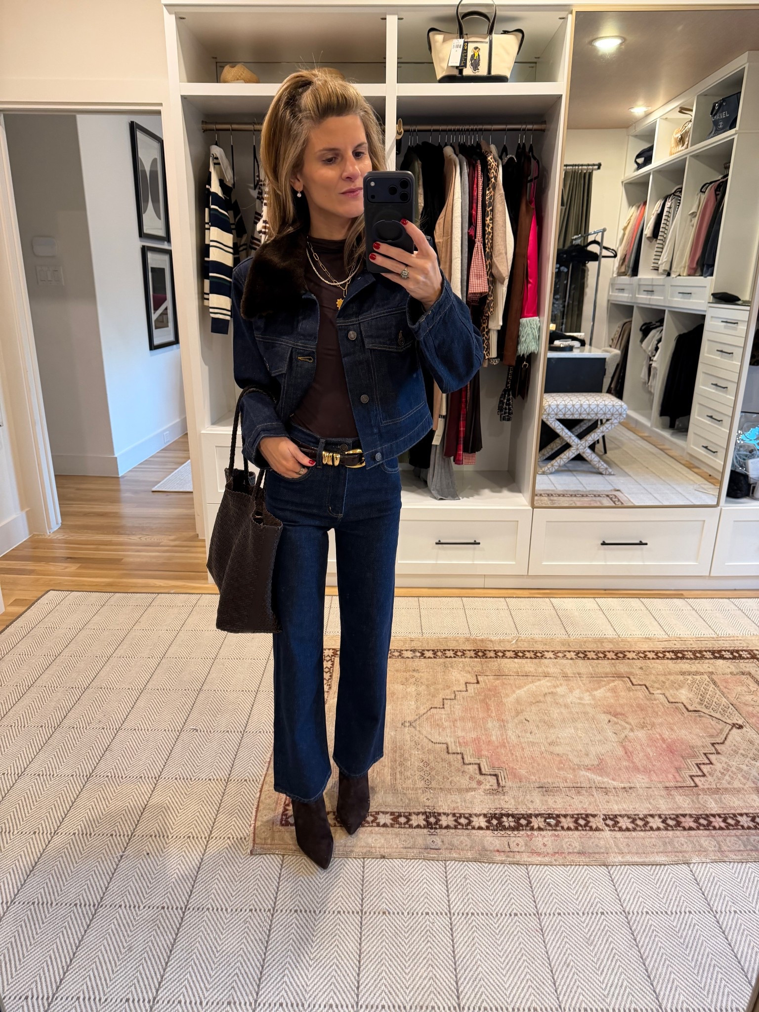 Jean on jean/denim on denim Agolde outfit w brown accessories.   Wearing TTS in jeans and XS in jacket. 