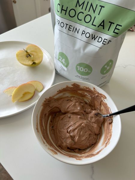 Current favorite snack - this high protein fruit dip with sliced apples. I usually use my vanilla protein powder, but today I tried it with mint chocolate and it’s delish! 

#LTKfitness #LTKActive #LTKhome