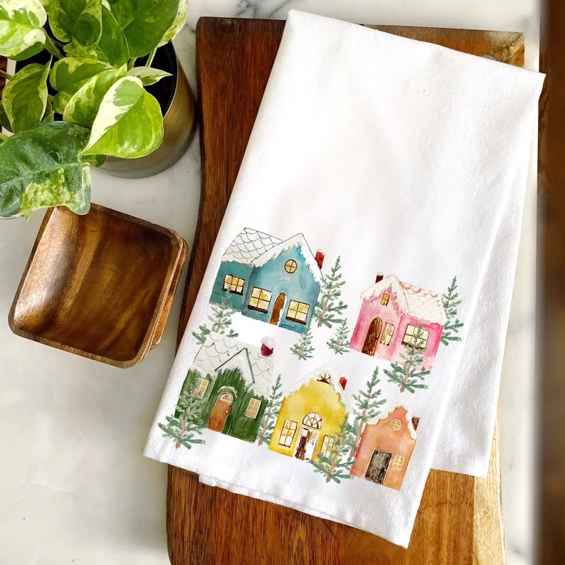 Colorful Winter Cottages Cotton Tea Towel 17 X 30 In. - Etsy | Etsy (US)