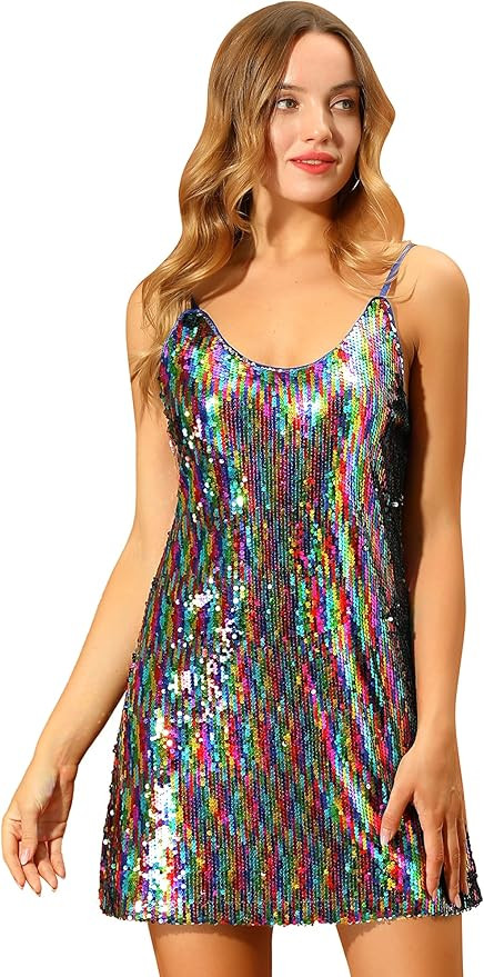 Allegra K Women's Glitter Sequin Dress Spaghetti Strap V Neck Party Cocktail Sparkly Mini Dress C... | Amazon (US)