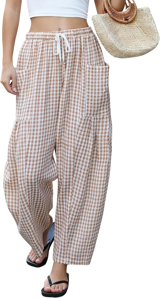 LOMON Womens Wide Leg Linen Pants Casual Drawstring Palazzo Harem Pants | Amazon (US)