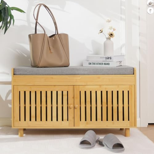 Shoe Storage Bench, Bamboo Entryway Bench with 2 Doors & Padded Seat Cushion, 2 Tier Shoe Rack Be... | Amazon (US)