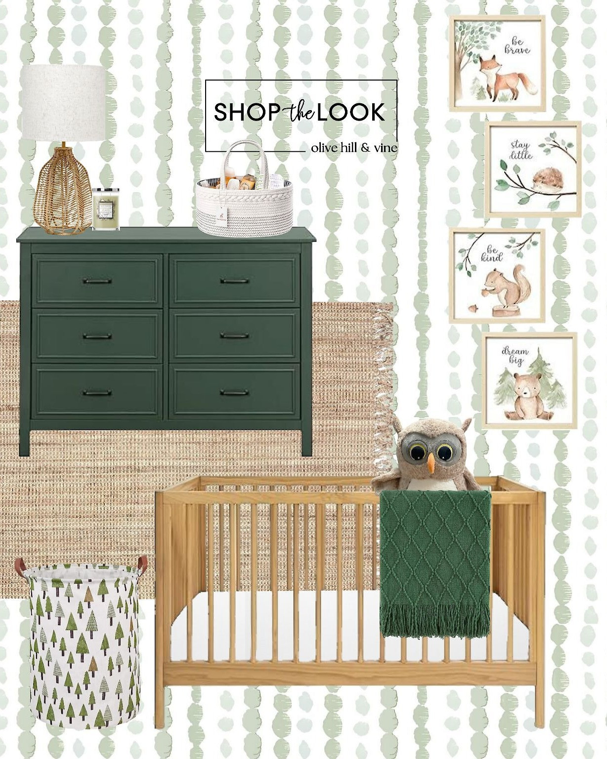 Step into a dreamy woodland retreat for your little one! This curated nursery pairs a natural wood convertible crib with a hunter green 6-drawer dresser, boho striped wallpaper, and adorable woodland art. Cozy vibes come alive with a tasseled jute rug, plush owl, and rattan lamp!  

 

#LTKHome #LTKBaby #LTKBump