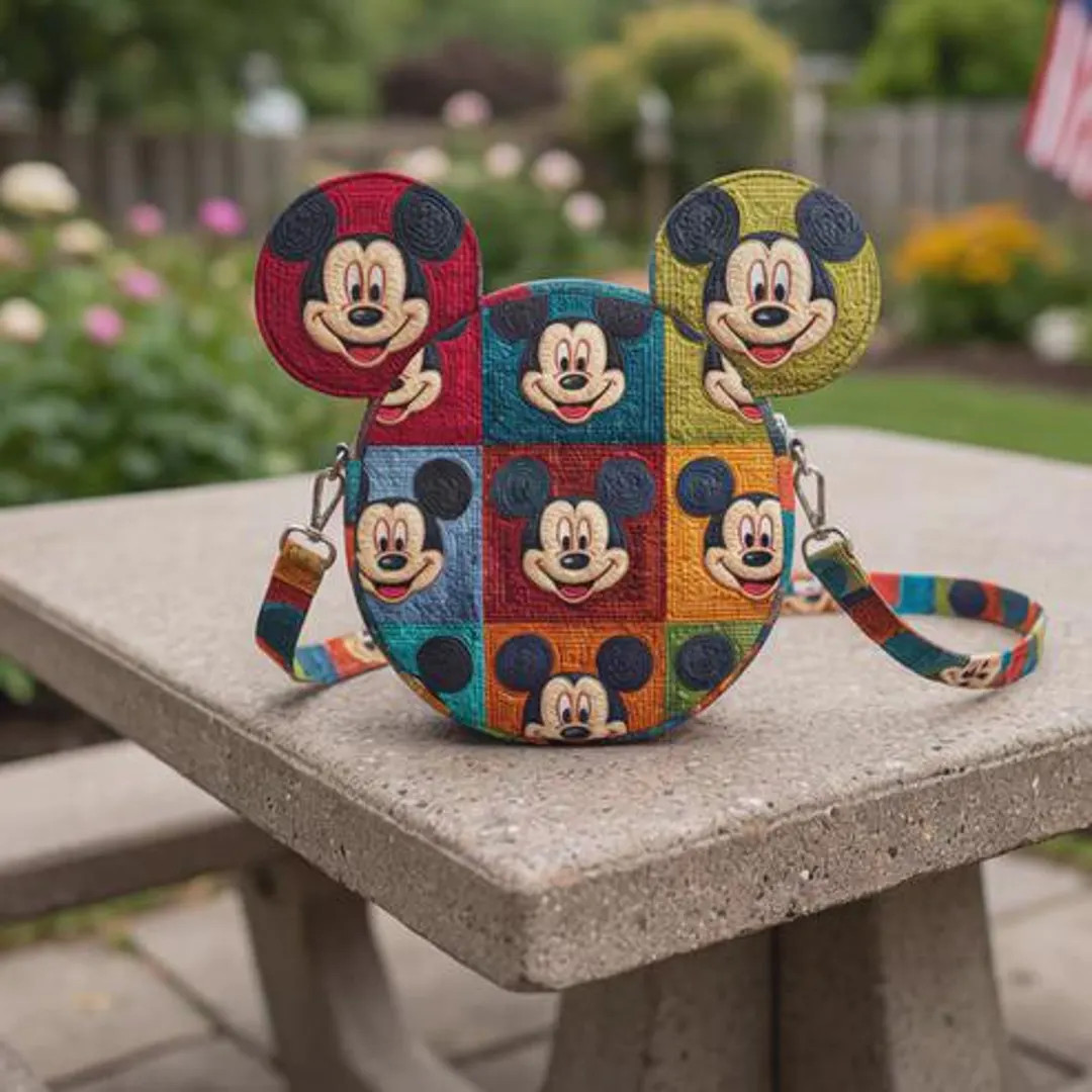 Mickey Mouse Faces Quilted Round Crossbody Bag Multicolored Grid Print Purse Disney Fan Accessory... | Etsy (Global)