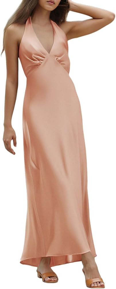 Women Long Dress Solid Color V-Neck Tie-Up Halter Backless Skirt Summer Sleeveless Casual Skirt | Amazon (US)