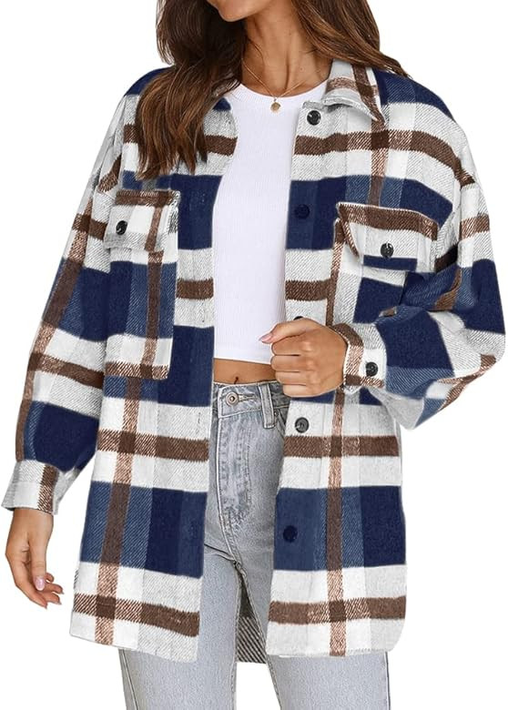 Beaully Women's Flannel Plaid Jacket Long Sleeve Button Down Chest Pocketed Shirts Coats Shacket | Amazon (US)