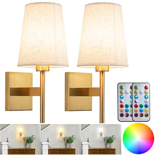 YHCDLAMP Battery Operated Wall Sconces Set of Two,Battery Operated Wall Lights with Remote, Fabric RGB Color Changing Dimmable Wall Lamp for Bedroom Living Room, Easy to Install (Color : Brass) | Amazon (US)