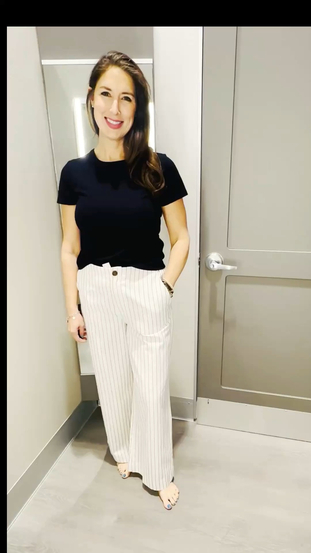 Targets pin striped pants. Long enough for me at 5’10”. Pair with a simple top. 
These pants are so comfortable and have great pockets.  Mix and match staple product and is classic look to be worn for years to come.   


#LTKmomlife #LTKWorkwear #LTKOver40