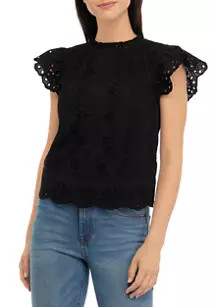 Crown & Ivy™ Women's Ruffle Neck Flutter Sleeve Eyelet Top | Belk