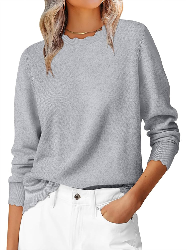 ANRABESS Sweaters for Women Loose Fit Lightweight Soft Dressy Scalloped Long Sleeve Pullover Tops... | Amazon (US)