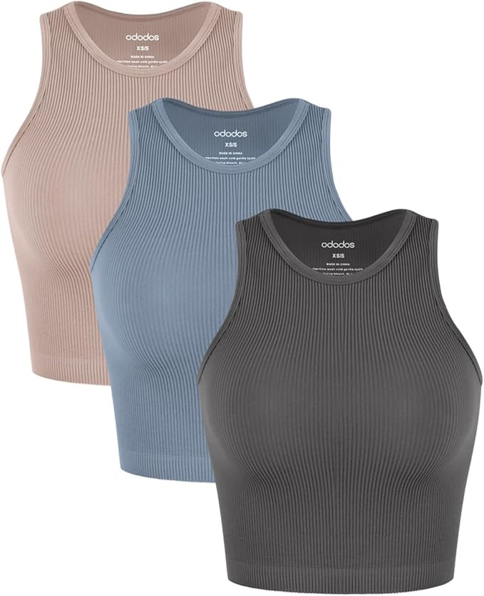 ODODOS 3-Pack Seamless Crop Tank for Women Ribbed Soft High Neck Cropped Tops | Amazon (US)