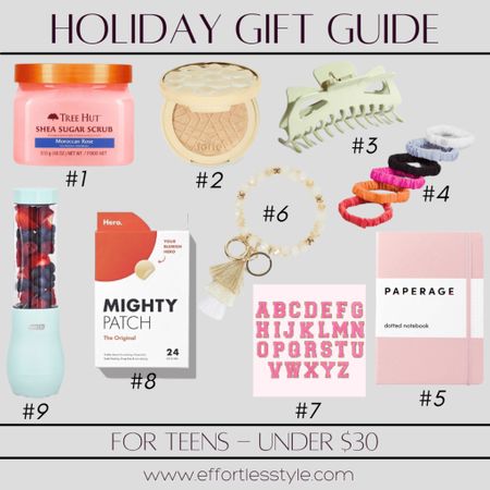 Teens - and especially teen girls - are so fun to buy for!  Here are some of our favorite affordable gift ideas for you to check out!

#1 - Sugar Scrub 
#2 - Tarte Highlighter
#3 - Claw Clip
#4 - Lulu Lemon Scrunchie Set
#5 - Journal Notebook
#6 - Tassel Circle Keychain
#7 - Stoney Clover Patch
#8 - Mighty Patch
#9 - Single Serve Smoothie Blender

#LTKSeasonal #LTKunder50 #LTKGiftGuide