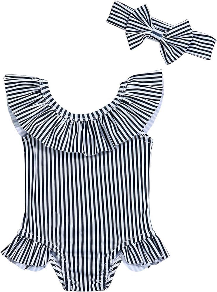 Baby Girl Bikini Striped Beach Swimsuit Ruffles Bathing Suit Swimwear+Headband 2 Pcs Set | Amazon (US)