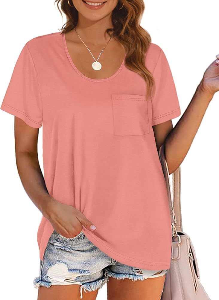 NSQTBA Womens Tshirts Short Sleeve Loose Fit U Neck T Shirts with Pocket | Amazon (US)