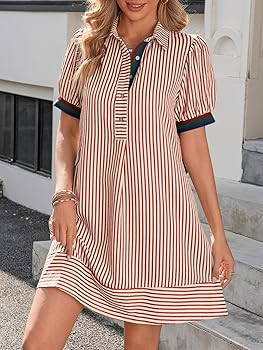 Wenrine Womens Summer Striped Mini Dresses Puff Short Sleeve Loose Fit Casual Button Collared Shi... | Amazon (US)